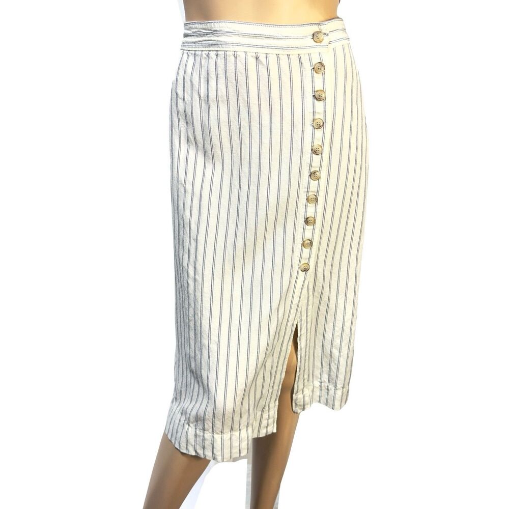 Madewell Side Button Midi Skirt Womens Size 0 Beige Linen Blend Pinstripe